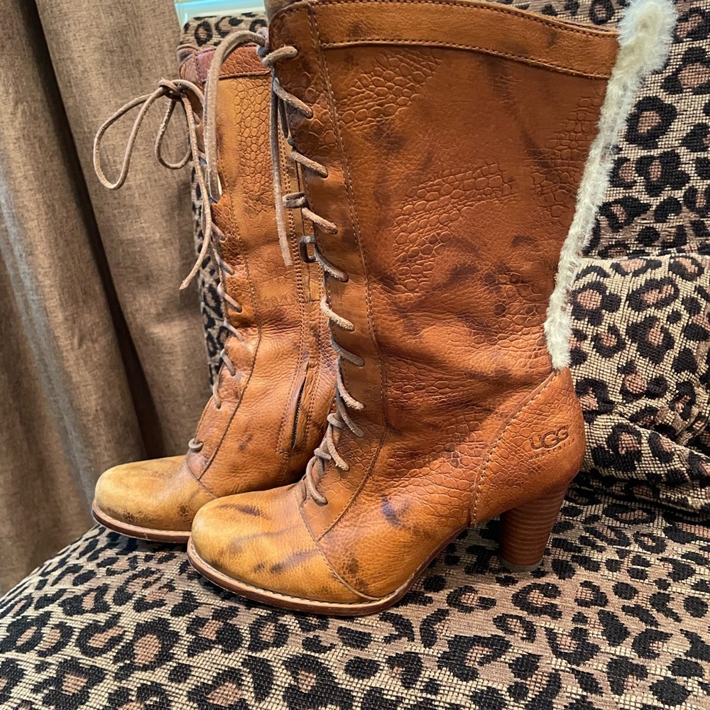 UGG Brown Leather Lace Up Boots Size 7